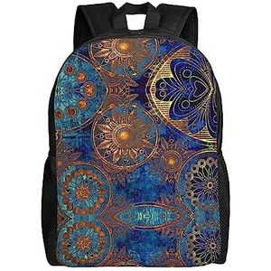 FURLOU Gouden Bloem Blauwe Achtergrond Grote Rugzak Vrouwen Laptop Casual Business Dagrugzak Tas Mannen Camping Tas Reizen Rugzak, Zwart, One Size