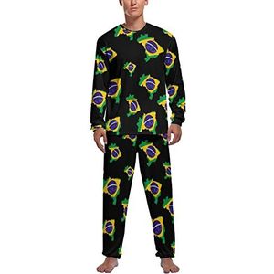 Brazilië Vlag Kaart Mannen Pyjama Sets Lange Mouw Top En Broek Met Elastische Band Nachtkleding Lounge Pjs Sets 2XL