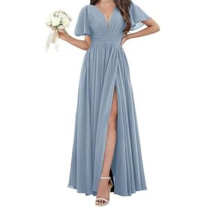 Chiffon bruidsmeisjesjurken voor dames, voor bruiloft, met split, avondgalajurken, cocktailjurken, grote maten, Dusty Blauw, 32