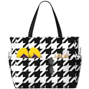 SSIMOO Houndstooth zwarte stijlvolle strandreistas-weekendtas met grote capaciteit, draagtas voor buiten, Zwart, Eén maat