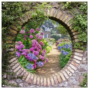 MuchoWow© Tuinposter Groot 100x100 cm XXL Balkon Tuindecoratie Poster Garden Outdoor Posters Tuin Decoratie Buiten - Tuinposters Voor Buiten - Doorkijk - Bloemen - Hortensia - Zomer