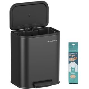 SONGMICS keukenprullenbak, 20 liter prullenbak met deksel, pedaalemmer, staal, soft close, openhoudfunctie, met binnenemmer, breed antislippedaal, inktzwart LTB542B02