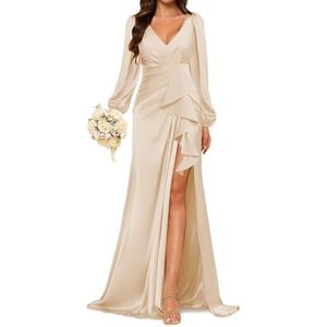Prinses Bruidsmeisje Jurken Lange Mouw Galajurken V-hals Satijn Formele Avondfeest Maxi Jurk ZM198, Champagne, 32