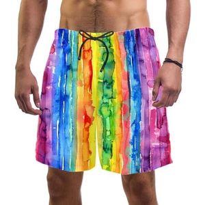 Mannen Board Shorts, Art Rainbow Aquarel Sneldrogende Badmode Strand Vakantie Party Bermuda Zwemmen Grote Broek, Kunst Regenboog Aquarel, L
