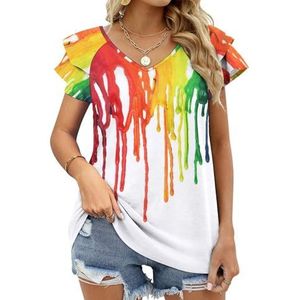Regenboog Verf Druppel Grafische Blouse Top Voor Vrouwen V-hals Tuniek Top Korte Mouw Volant T-shirt Grappig