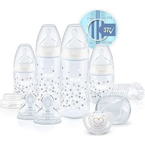 NUK Perfect Start First Choice+ Baby Bottles Set, 0-18 Months, 4 Temperature Control Bottles, Dummy, Bottle Brush & More, BPA-Free, 10 Count, White