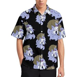 Eenhoorn en eenhoorn luiaard zomer herenoverhemden casual korte mouwen button down blouse strand top met zak M
