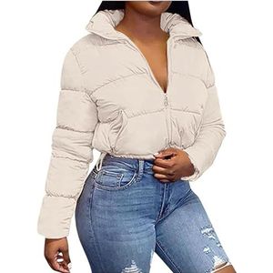 Dames winter pufferjack cropped volledige ritssluiting met lange mouwen warm gewatteerd gewatteerd crop bubble coat / 210 (Color : Beige, Size : Large)