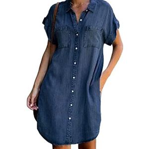 Zomerjurk Voor Dames,Denim Jurk Voor Dames, Vintage Wassing, Vervaagde Jurk Met Korte Mouwen, Revers, Knoopsluiting, Casual Losse Hemdjurk Met Zak, Zomerjurk Met Spijkerbroek, Midi-Jurken Voor Dames