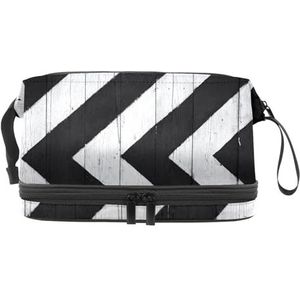 Witte en zwarte houten plank, dubbellaagse make-uptas voor dames en meisjes, reistoilettas, make-up, handige opbergtas, organizer tas met borstelvak, Meerkleurig, 27x15x14 cm/10.6x5.9x5.5 in,