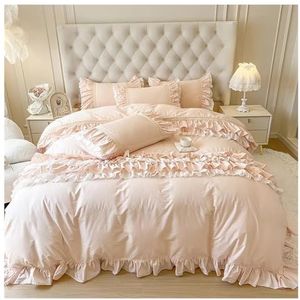 Kanten beddengoedhoes, Roze katoenen strik prinses kant ruche beddengoedset, 4 stuks, verschillende maten(1,Fitted Sheet 1.6mBed)