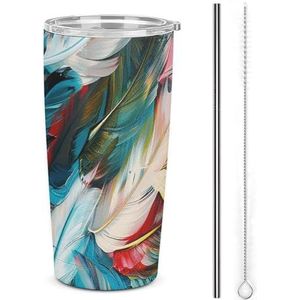 AQRJLPM Kleurrijke veren patroon auto beker roestvrij staal beker met rietje en deksels lekvrij geïsoleerde roestvrij staal reizen koffiemok pobtable voor koude warme dranken camping