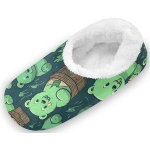 KAAVIYO Leuke beer groene cartoon patronen outdoor slippers katoenen huisschoenen gesloten rug winter antislip pluizige voeten pantoffels voor indoor jongens vrouwen, Patroon, XX-Large