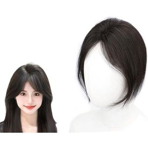 3D Franse Pony Haartopper for Vrouwen 100% Echt Menselijk Haar Extensies 7x11cm Zijden Basis Clip In Haarstukken 10inch Top Wiglets for Dunner Wordend Haar, Haaruitval, Grijs Haar(Black)