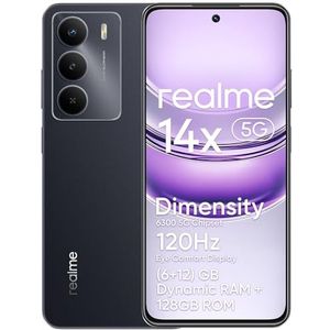 realme 14 x 5G smartphone (6 + 12) GB Dynamisch RAM 128 GB ROM, oogcomfort display 120 Hz, camera 50 MP, batterij 5000 mAh, schokbestendigheid van militaire kwaliteit, Octa-Core, zwart, zonder adapter