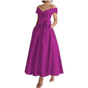 WSEYU Off Shoulder Moeder van De Bruid Bruidegom Jurken Satijn Boog Formele Avond Grootmoeder Jurken Thee Lengte ZM289, Pruim, 32