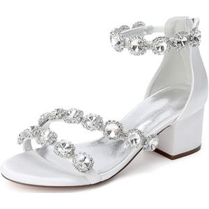 KYEGLO Rhinestones Ronde Neus Bruidsmeisjesschoenen Met Gesp, Dames Satijnen Open Neus Schoenen Met Dikke Hakken En Rits - Ideaal Avondfeesten En Dansavonden,ivoor,36