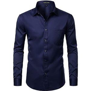 PARKLEES Getailleerd herenhemd met lange mouwen, businesshemd voor bruiloft, zakelijk, Donkerblauw, S