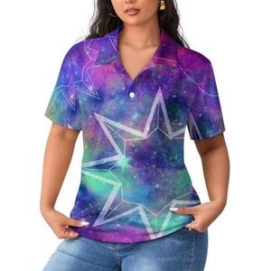 Constellation Galaxy Print Dames Sportshirt Korte Mouw Tee Golf Shirts Tops Met Knopen Workout Blouses