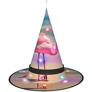OdDdot One Pink Flamingo on Beach Witch Hat - LED gekleurd licht, geschikt voor Halloween, Kerstmis, rollenspel en meer