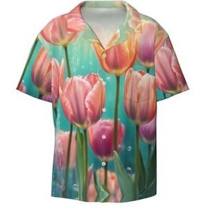 YJxoZH Roze Tulpen Print Heren Jurk Shirts Casual Button Down Korte Mouw Zomer Strand Shirt Vakantie Shirts, Zwart, M