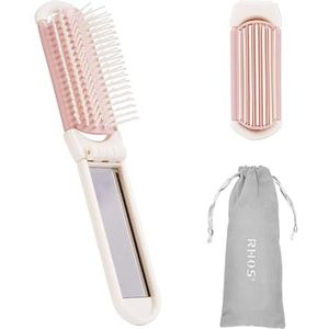RHOS Opvouwbare borstel met spiegel voor vrouwen, meisjes - draagbare mini-haarborstel voor portemonnee, kleine zakhaarborstel met zachte nylon borstelharen - draagbare borstel met spiegel voor reizen