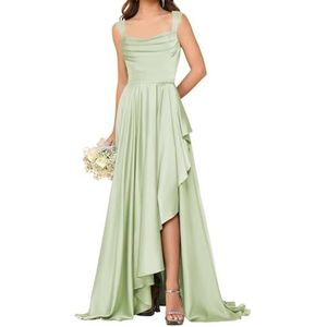 HPPEE Satijnen bruidsmeisjesjurken voor dames met split ruches vloerlengte korset mouwloze formele feestjurk, Sage Groen, 32