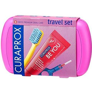 Curaprox Kids Travel Set – Tandenborstel, tandpasta en interdentale ragers | Ultrazachte Curen® filamenten | Compacte reisset voor kinderen (roze)