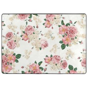 YJxoZH Roze roos bloem met bladeren print thuis tapijten, voor woonkamer keuken antislip vloer tapijt zachte slaapkamer tapijten-148 x 203 cm