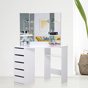 Makika Hoek Dressing Tafelspiegel Set Houten Vanity 5 Schuifladen Make-up Dresser Meubels Wit Slaapkamer Bureau Verstelbare - ELLE