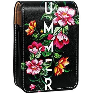 Make-up Lipstick Case voor Buiten Zwart Zomer Bloemen Bloem Draagbare Lippenstift Organizer met Spiegel Dames Mini Make-up Tas Neemt Tot 3 Lippenstift