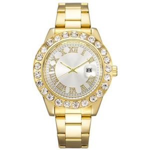 Diamant Analoog Quartz Luxe Polshorloge, Casual Roestvrij Staal Waterdicht Lichtgevend Volledig Gouden Horloge Voor Heren