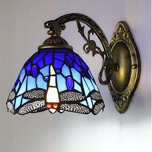 Tiffany Stijl Wandlamp 6-Inch Retro Vaste Verlichting Gekleurde Glazen Wandlamp Libelle Blauw Oranje Slaapkamer Woonkamer Gang Wandlamp