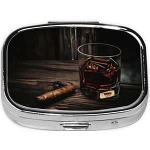 Vierkante pillendoos sigaar en whisky - 2 compartimenten geneeskunde pillenetui, waterdicht, zak pillenorganisator, draagbaar voor zak of portemonnee pillendozen