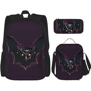 ZYVIA Black Ghost Bat 3-delige Pocket Rugzak Lunch Tas en Potlood Pouch Set Sterk en Slijtvast Grote Capaciteit voor Scholen Bergbeklimmen Training, Zwart, Eén maat