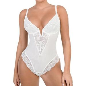 LoriEr Kanten bodysuit voor vrouwen, buikcontrole, shapewear, V-hals, rugloze tanktops, eendelig, bodyshaper, tailletrainer, korset, Wit, M