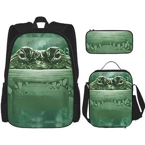 Gator Lurking groene rugzak met grote capaciteit, lunchtas, pennenzak, 3-delige set voor kantoor, reizen, kamperen, uniseks, Zwart, Eén maat