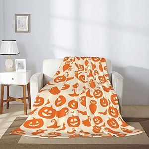 JOOCAR Halloween flanellen deken - 150 x 200 cm, oranje pompoenhoofd / geest / vleermuis / uil / heksenhoed, gezellige en zachte pluche warme dekens voor bed, bank, woonkamer, bank, stoel
