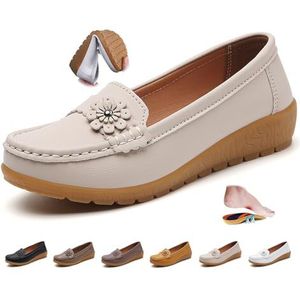 Vrouwen Orthopedische Lederen Loafers, Dames Mocassins Rijden Mocs Comfort Slip-On Mode Boot Schoenen Wedge Hakken Verpleging Schoenen, Beige, 33 EU