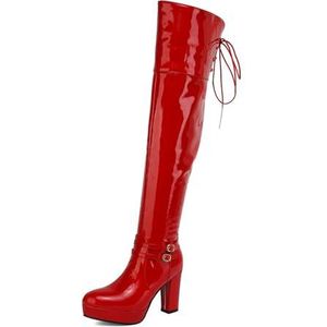 WOkismD Gesp Strap Dij Hoge Laarzen Voor Vrouwen Chunky Blok Hoge Hak Over De Knie Laarzen Lace Up Side Rits Lange Laarzen Herfst Winter jurk schoenen, Rood, 45 EU