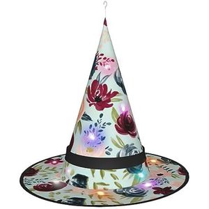 TyEdee Halloween Opknoping Verlichte Heks Hoeden, Heks Cap voor Kerstfeest, Heks Hoed Goochelaar Heks Cap-kastanjebruin en marine bloemen