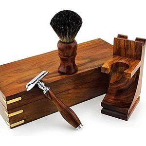 Haryali Fine Wood scheerset voor heren met dubbele rand veiligheidsrazor, pure zwarte dassenscheerborstel, borstelstandaard & doos