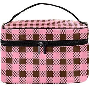 Roze geruite geruite patroon reizen make-up tas grote cosmetische tas make-up case organizer rits toilettas voor vrouwen meisjes