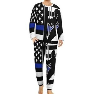 USA Lineman Vlag Comfortabele heren pyjama set ronde hals lange mouwen loungewear met zakken 6XL