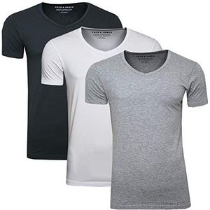 JACK & JONES Set van 3 heren T-shirt basic V-hals of ronde hals effen slim fit in, wit/grijs/blauw., L