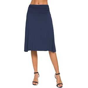 Dames Effen Kleur Elastische Midi Rokken Fold-Over Taille Flared A-lijn Yoga Rok(S, Marineblauw)