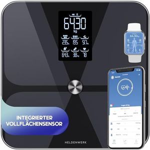 HELDENWERK Personenweegschaal, lichaamsvetweegschaal, personen met app en volledige oppervlaktesensor, 180 kg, digitale weegschaal met bluetooth lichaamsanalyseweegschaal voor lichaamsvet, BMI,
