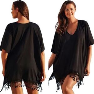 Cover Ups Voor Vrouwen Strandkleding L-3XL Vrouwen Dames Korte Mouw V-hals Effen Kleur Casual Losse Strand Vakantie Mini Jurk Kwastje Bikini Cover Ups Badpak Cover Ups Voor Vrouwen (zwart, XXL)