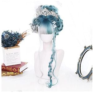 Pruiken Dames Halloween Geleidelijke Beige Blue Cosplay Pruik Pony Lange Golvende Zoete Meisjes Synthetisch Haar (geen haaraccessoires) Volledige pruiken met knal (Color : A)