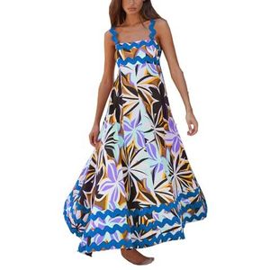 Dames zomer maxi-jurk casual boho mouwloze spaghettibandjes gesmokte lange strandzonjurken(Color:Blue Yellow B,Size:X-Large)